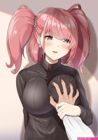 zuki atlanta kancolle kantai collection highres 1girl alternate costume black sweater breasts brown hair earrings grabbing grabbing another039s breast grey eyes guided breast grab guiding hand jewelry large breasts long hair long