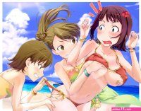 amami haruka beach bikini blush breast grab breasts clouds futami ami futami mami idolmaster sky swimsuit twins underboob water
