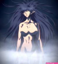 arshes nei bastard!! highres stitched third-party edit 1girl anime screencap black hair breasts large breasts long hair nude pointy ears