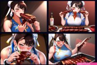 Chun-li eating BBQ ribs BBQ sauce is all over her clothes face and handsmessy eater AI art