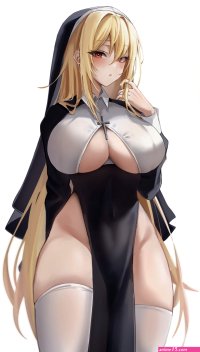 big boobs thighs cleavage blonde red eyes nuns long hair Biya anime nun outfit stockings white background artwork