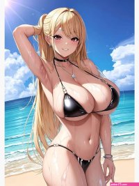 Ecchi sexy huge boobs beach bikini anime girl oppai Postcard by Lewdities