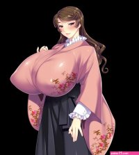 takahashi record highres 1girl black background breasts brown hair gigantic breasts japanese clothes kimono kouno sayuki solo
