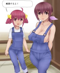 abubu hoshizora ikuyo hoshizora miyuki precure smile precure! translated 10s 2girls age difference breasts cleavage female focus japanese text large breasts mature female mother and daughter multiple girls naked overalls overalls pink