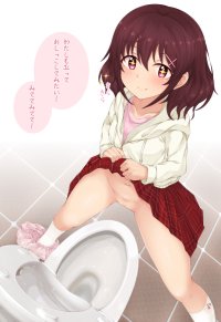 azuma azumapic original highres translated 1girl blush brown hair clothes lift female focus hood hoodie japanese text looking at viewer navel panties panties around leg pink eyes pink panties pink