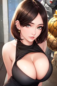 cleavage big boobs brunette Alploo anime anime girls earring huge breasts AI art