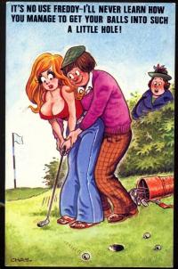 Risque Comic Postcard: Golfer Teaching the Rudiments. Big Boobs. Innuendo
