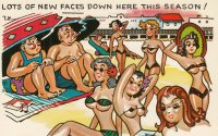 Sexist Man Comic postcard Sexy Lady cartoon on Beach Big Boobs