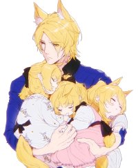 dal-gi blemishine arknights mlynar arknights nearl arknights whislash arknights arknights highres 1boy 3girls aged down animal ear fluff animal ears aunt and niece black bow blonde hair blue shirt bow carrying carrying