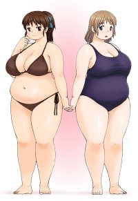 katou katohayabusa original highres 2girls bikini blue eyes blush bow bra breasts brown eyes brown hair cleavage eyebrows fat female focus full body hair bow holding hands large breasts light brown hair