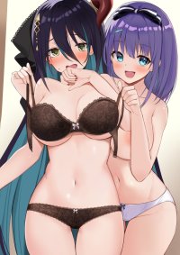 togo korlsj1235 misora princess connect! ranpha princess connect! princess connect! striped absurdres highres 2girls :d aqua eyes aqua hair assisted exposure black bra black hair black panties black ribbon bow bow bra