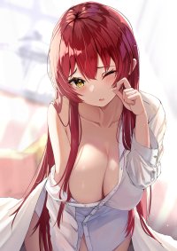 one eye closed redhead cleavage big boobs long hair hanging boobs anime girls boobs portrait display blushing yellow eyes no bra Pixiv