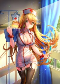 tako seijin kaku-san-sei million arthur million arthur series original highres official art 1girl black thighhighs blonde hair breasts cleavage clipboard collarbone cowboy shot dress female focus garter straps green eyes hat holding