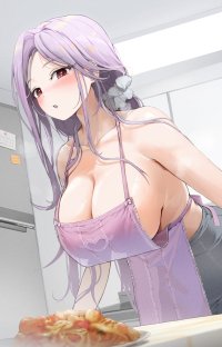 cleavage big boobs purple hair red eyes anime anime girls naked apron food blushing apron no bra