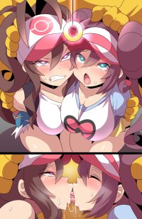 konno tohiro hilda pokemon hypno rosa pokemon creatures company game freak nintendo pokemon pokemon bw pokemon bw2 highres 2girls bare shoulders blush breasts bright pupils brown hair cleavage clenched teeth closed eyes