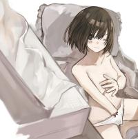hashimoto kokai original 1girl bed blush bob cut brown eyes brown hair female masturbation hair between eyes hand in panties masturbation panties pillow short hair solo tissue box topless underwear