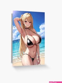 Ecchi sexy huge boobs beach bikini anime girl oppai Greeting Card by Lewdities