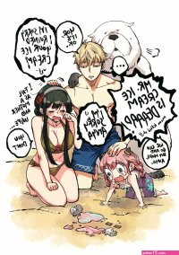 rusky anya spy x family bond spy x family twilight spy x family yor briar spy x family highres... 1boy 2girls bare shoulders beach bikini black hair blonde hair blush breasts
