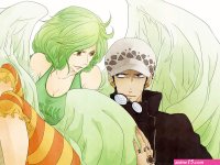 suzu nattu991 monet one piece trafalgar law one piece striped striped legwear 1boy 1girl bare shoulders black hair breasts brown eyes cleavage coke-bottle glasses earrings glasses green hair harpy hat jewelry monster