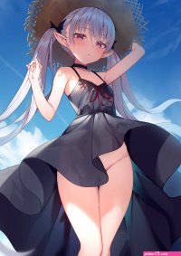 strategic covering Alexmaster anime anime girls upskirt nopan dress straw hat low-angle pointy ears twintails artwork