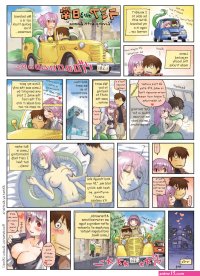 okayado mona 2ch monster musume no iru nichijou hard-translated highres third-party edit translated 1boy 1girl blush breasts breasts apart brown hair clothes pull comic cum english text facial hetero lamia medium breasts