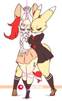 diives braixen renamon creatures company digimon game freak nintendo pokemon pokemon xy hands together red neckwear animated animated gif highres 2girls animal ears arms up artist name assisted exposure bdsm black dress