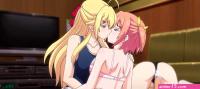 Anime lesbians are licking and kissing while playing with a sex toy