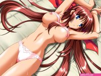 honma mutsuki kanzaki aoi true blue game cg jpeg artifacts 00s 1girl bed bra bra lift breasts lingerie nipples panties pink bra pink panties solo underwear underwear only undressing