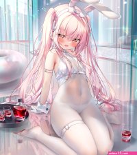 pink hair pink eyes small boobs belly Chen Bin anime girls bunny suit bunny ears panties see-through clothing twintails alcohol blushing loli gloves
