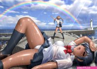 Wallpaper : anime girls bicycle tanned rain clouds beach stockings see through clothing skirt bra original characters rainbows wet body dark skin panties wet clothing light house costume 1167x827
