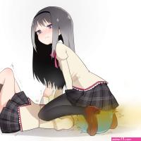 13o akemi homura miki sayaka mahou shoujo madoka magica mahou shoujo madoka magica anime red neckwear highres 2girls beige shirt beige vest black hair black headband black pantyhose black skirt black socks