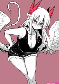 zyugoya lorem mazohaha musuko ga kawaikute shikatanai mazoku no hahaoya highres 1girl breasts demon girl demon wings denim denim shorts feathered wings hair between eyes large breasts low wings pink background pointy