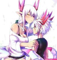zyugoya gospel mazohaha lorem mazohaha musuko ga kawaikute shikatanai mazoku no hahaoya 1boy 1girl aged up black shirt breasts demon wings feathered wings horns large breasts mother and son pointy ears red