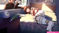 aqua eyes bed blush bondage book breasts brown hair crying gag himitsu hi mi tsu 2 male nipples no bra panties pantyhose rope see through short hair striped panties tears topless underwear