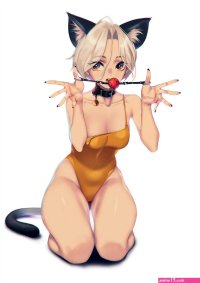 1girl ball gag animal ears cat ears solo gag tail illustration images