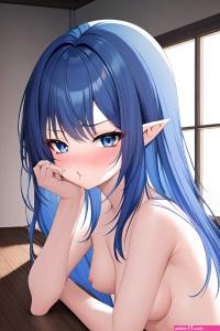 Anime Skinny Small Tits 70s Age Pouting Lips Face Blue Hair Bangs Hair Style Light Skin Dark Fantasy Prison Close Up View Sleeping Nude 3663704603209603460