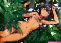 black hair bottomless dark skin green konbu wakame leaves navel short hair water yellow eyes