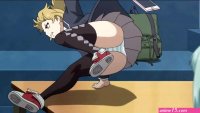 Mayuko leaps into action showing her striped panties to Kuon