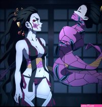 daki kimetsu no yaiba kimetsu no yaiba highres stitched third-party edit black hair breasts cleavage demon girl large breasts lipstick long hair makeup nail polish navel panties revealing clothes side-tie panties underwear -