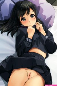 matsunaga kouyou original highres nude filter third-party edit 1girl bed sheet black hair black serafuku black shirt black skirt blush breasts breasts squeezed together cleft of venus clitoris cowboy shot embarrassed green