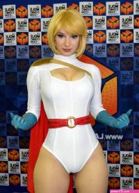 power girl dc comics highres 1girl blonde hair blue eyes breasts cameltoe cape cleavage cleavage cutout clothing cutout cosplay gloves photo medium power girl cosplay solo thighs