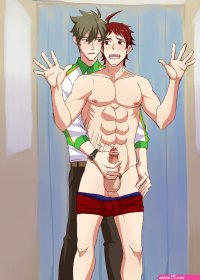 pokkor0123 highres tagme 2boys abs erection facial hair handjob male focus multiple boys penis penis grab undressing yaoi