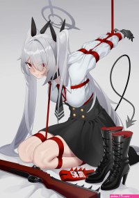 qianshibu iori blue archive blue archive highres 1girl armband arms up bdsm black gloves black necktie black skirt blush bolt action bondage boots bound bound legs bound wrists breasts collar demon tail