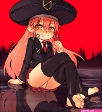 syrupmelty gina undead unluck undead unluck highres arm support artist name black thighhighs blush clenched hand crossed legs earrings fang feet hair between eyes heart heart earrings jacket jewelry large hat long