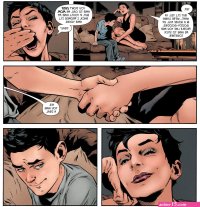 Selina Kyle Catwoman and soon-to-be stepson Damian Wayne Robin. Sooo cute