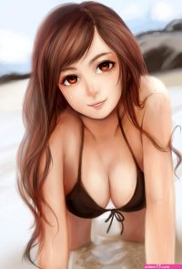 Water Beaches smiling long hair anime girls brown eyes