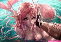 Wallpaper : illustration anime girls tail water green eyes tattoo pink hai