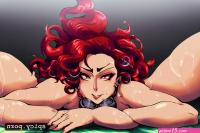 Image of ebony lady perfect face curly hair yoga pants red hair shower
