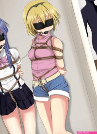 femuto furude rika houjou satoko higurashi no naku koro ni white legwear highres 2girls arms behind back ball gag blindfold blonde hair blue hair blue skirt blush bound chain gag hairband leashed