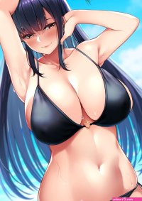 huge breasts big boobs cleavage long hair dark hair Takocha armpits anime anime girls bikini beach blushing artwork palm trees